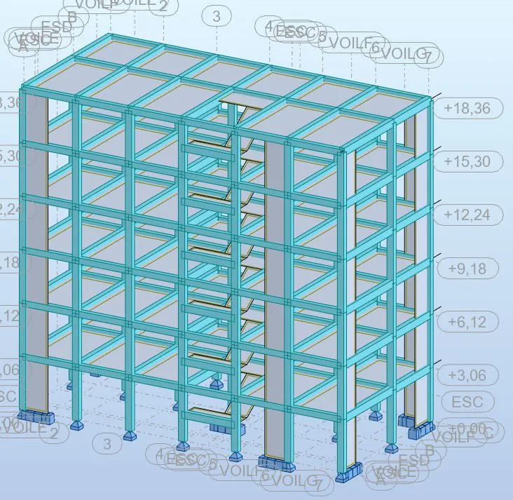 Modèle de calcul 3D d'un immeuble en béton armé : poteaux, poutres, planchers et voiles