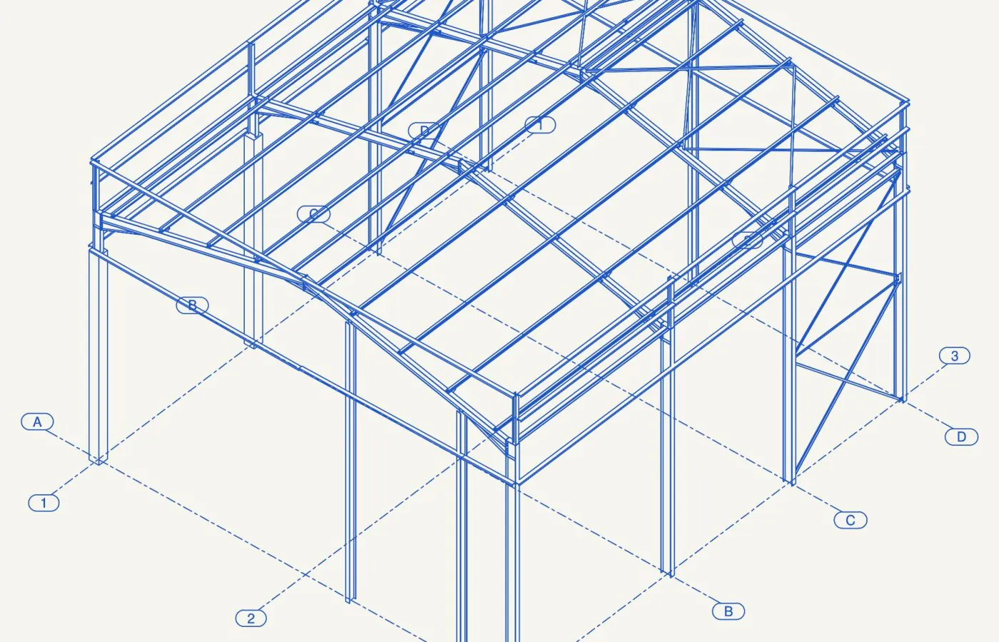 Vue 3D de la charpente métallique d'un hangar du parc d'activités JWALA